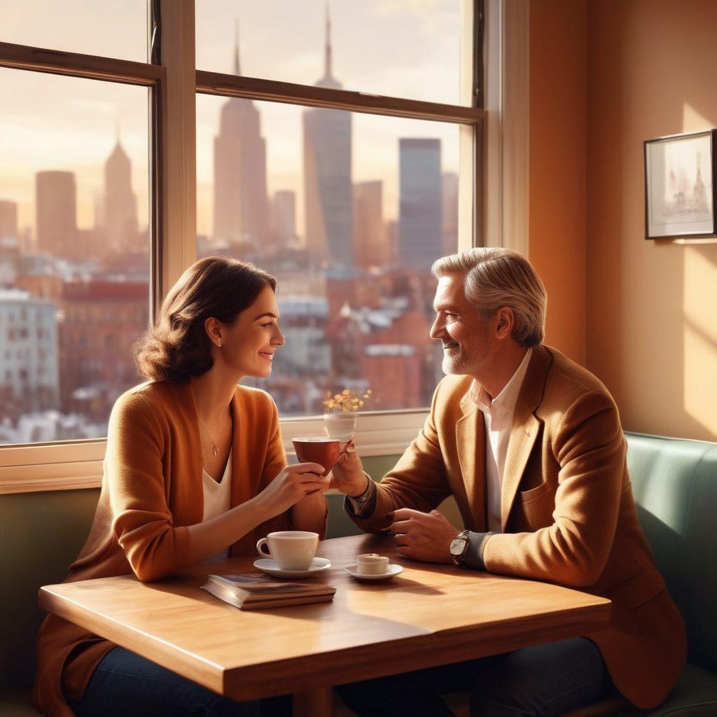 A mature couple engaging in a confident and playful conversation over coffee in a cozy café, surrounded by subtle elements symbolizing adult themes like a gentle book on relationships, a stylish watch, and a city skyline visible through the window. The atmosphere is warm and inviting, capturing the essence of grown-up dating. vector art. warm colors. soft focus.