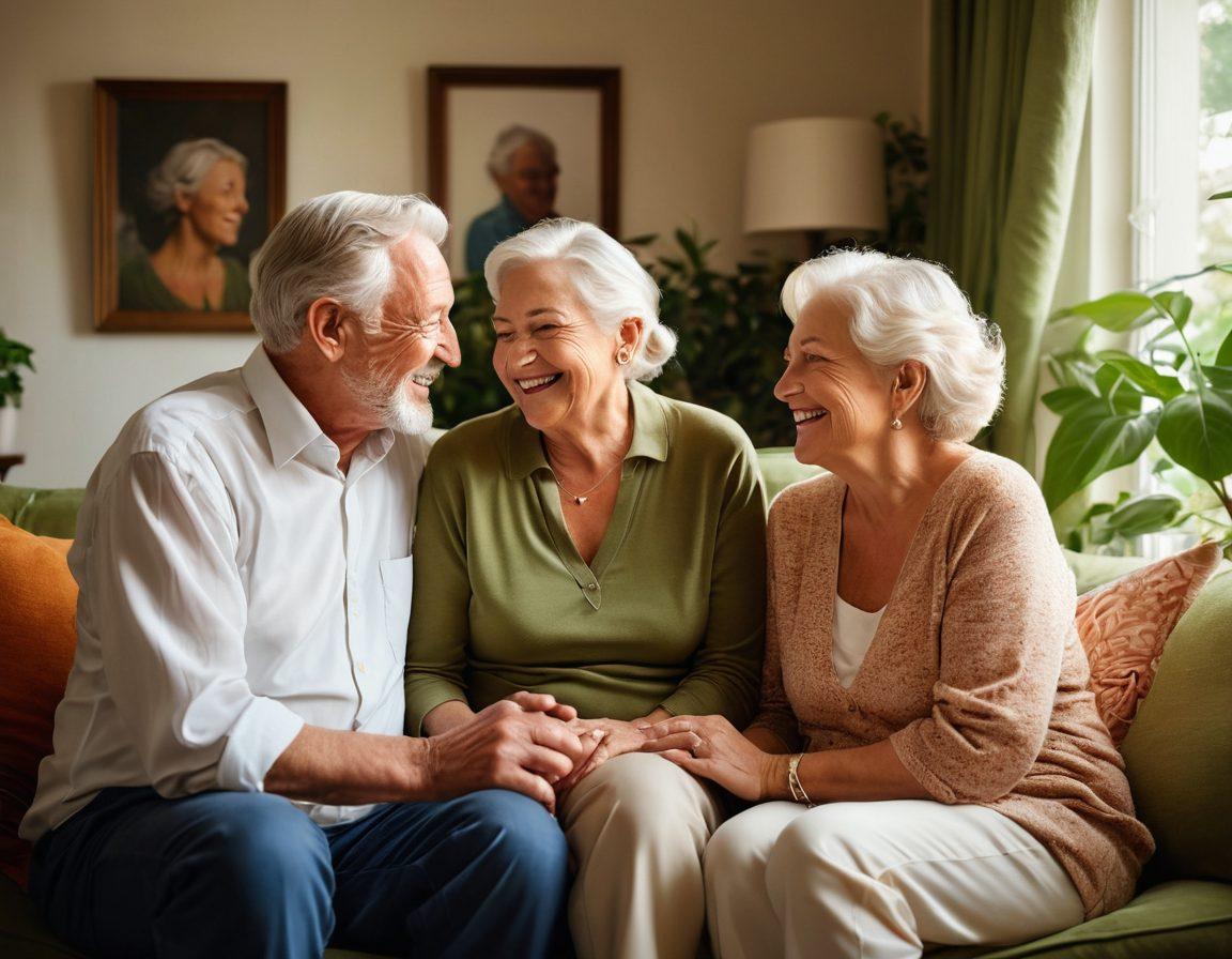 An intimate scene of two senior couples enjoying a heartfelt conversation in a cozy living room, surrounded by family photos and plants. Soft sunlight filters through sheer curtains, creating a warm atmosphere. One couple is laughing, while the other is sharing a gentle moment, symbolizing connection and love in later life. Emphasize warmth, joy, and companionship. super-realistic. vibrant colors. cozy setting.