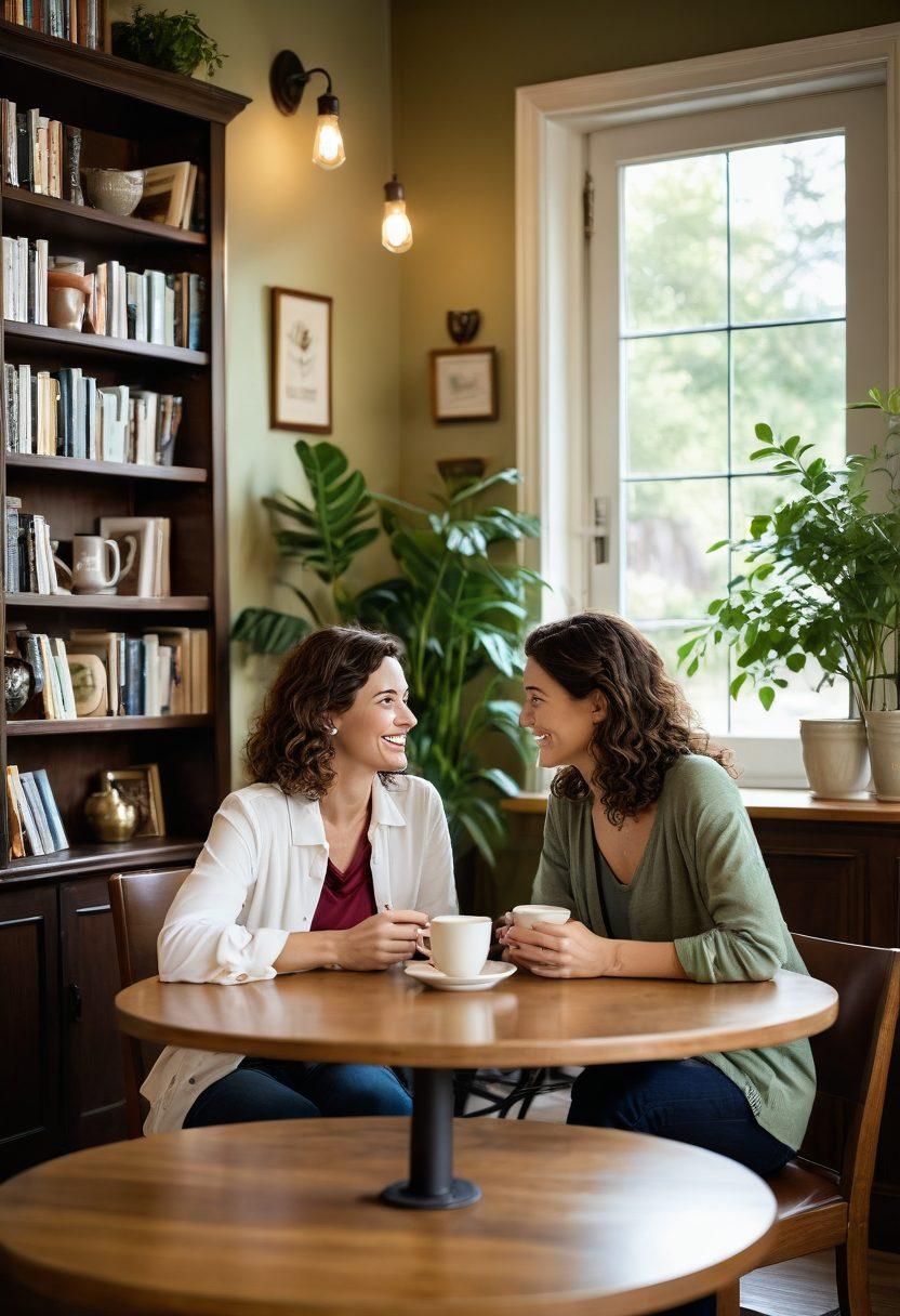 A warm and inviting scene of two mature singles enjoying a coffee date in a cozy café, surrounded by soft natural light. The individuals are engaged in lively conversation, showcasing genuine laughter and connection. In the background, a bookshelf filled with romance novels and plants adds a touch of coziness. A decorative heart symbol subtly integrates into the design. super-realistic. warm colors. cozy atmosphere.